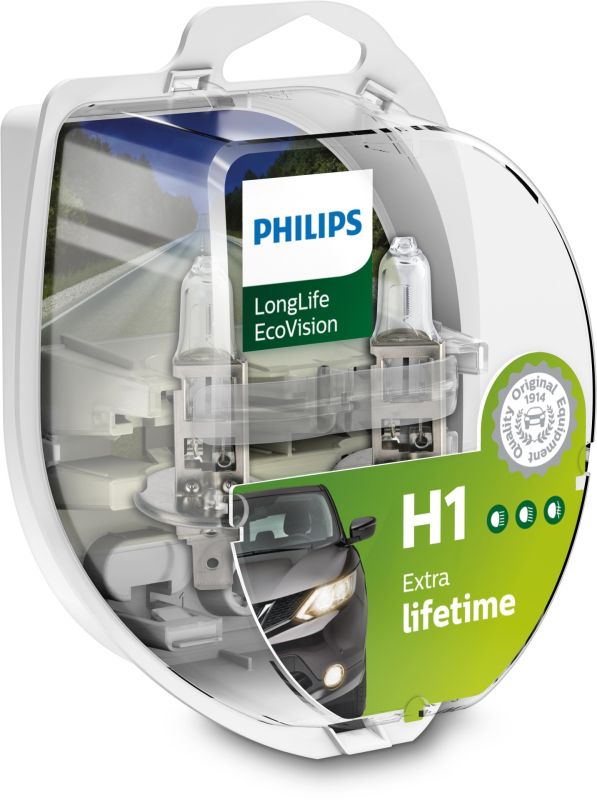 Комплект галогенових ламп PHILIPS H1 12258LLECOS2 LongLife EcoVision 55W 12V P14,5s