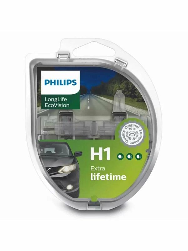 Комплект галогенових ламп PHILIPS H1 12258LLECOS2 LongLife EcoVision 55W 12V P14,5s