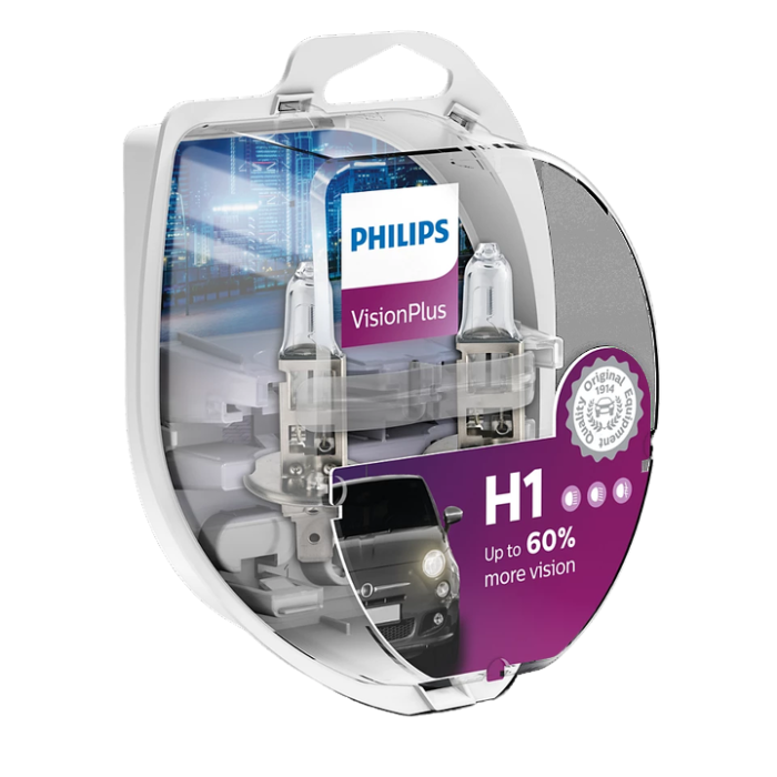 Комплект галогенових ламп PHILIPS H1 12258VPS2 VisionPlus +60% 55W 12V P14,5s