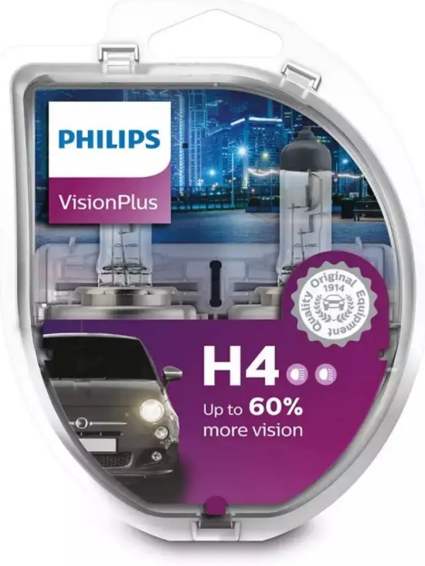 Комплект галогенових ламп PHILIPS H4 12342VPS2 VisionPlus +60% 60/55W 12V P43t