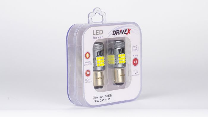 Світлодіоди в габаритні вогні. Підсвітку номера та салона DriveX Glow FAN1 S25(2) 9-48V 30W CAN 3000Lm 1157/P21/5W BAY15D d-15mm к-т.