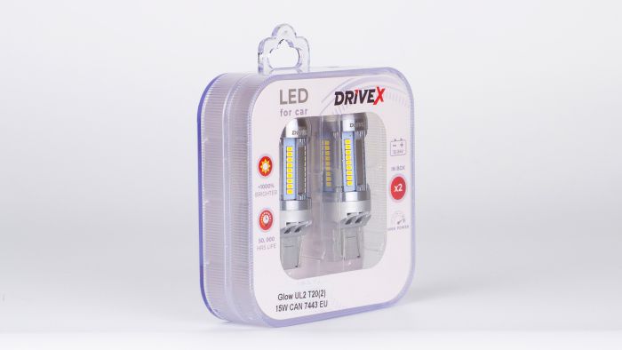 Світлодіоди в габаритні вогні. Підсвітку номера та салона DriveX Glow UL2 T20(2) 12V 15W CAN 2600Lm 7443/W21/5W base-16mm EU к-т.