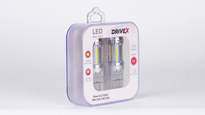 Світлодіоди в габаритні вогні. Підсвітку номера та салона DriveX Glow UL2 T25(2) 12V 15W CAN 2600Lm 3157/P27/7W base-16mm USA к-т.