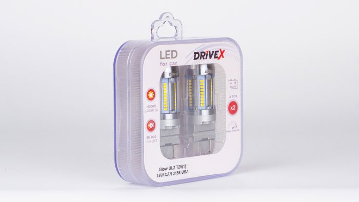 Світлодіоди в габаритні вогні. Підсвітку номера та салона DriveX Glow UL2 T25(1) 12V 15W CAN 2600Lm 3156/P27W base-16mm USA к-т.
