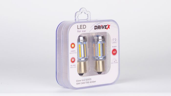 Світлодіоди в габаритні вогні. Підсвітку номера та салона DriveX Glow UL2 S25(1) Amber 12V 15W CAN 2600Lm 1156/P21W BA15S d-15mm к-т.