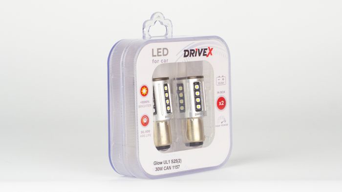 Світлодіоди в габаритні вогні. Підсвітку номера та салона DriveX Glow UL1 S25(2) 9-48V 30W CAN 2600Lm 1157/P21/5W BAY15D d-15mm к-т.
