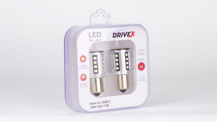 Світлодіоди в габаритні вогні. Підсвітку номера та салона DriveX Glow UL1 S25(1) 9-48V 30W CAN 2600Lm 1156/P21W BA15S d-15mm к-т.