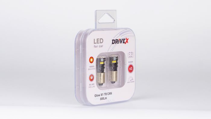 Світлодіоди в габаритні вогні. Підсвітку номера та салона DriveX Glow X1 T8 12-24V CAN 300Lm BA9S/T4W d-9mm к-т.