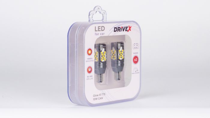 Світлодіоди в габаритні вогні. Підсвітку номера та салона DriveX Glow X1 T15 12-24V 10W CAN 1000Lm W16W d-10mm к-т.