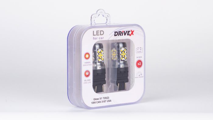 Світлодіоди в габаритні вогні. Підсвітку номера та салона DriveX Glow X1 T25(2) 12-24V 10W CAN 1200Lm 3157/P27/7W base-16mm USA к-т.