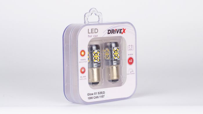 Світлодіоди в габаритні вогні. Підсвітку номера та салона DriveX Glow X1 S25(2) 12-24V 10W CAN 1200Lm 1157/P21/5W BAY15D d-15mm к-т.