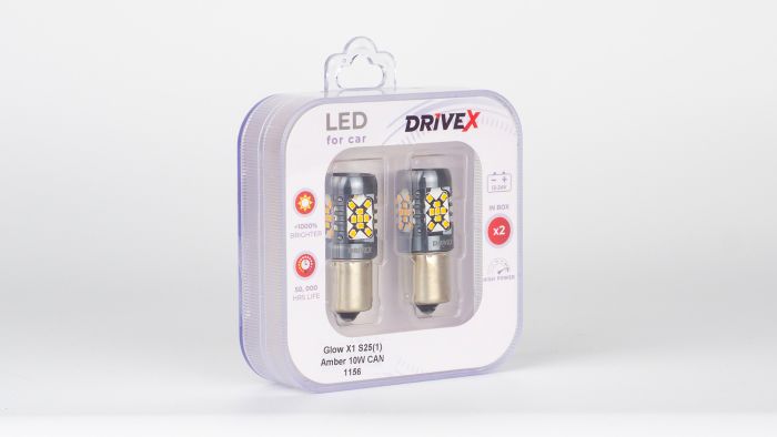 Світлодіоди в габаритні вогні. Підсвітку номера та салона DriveX Glow X1 S25(1) Amber 12-24V 10W CAN 1200Lm 1156/P21W BA15S d-15mm к-т.