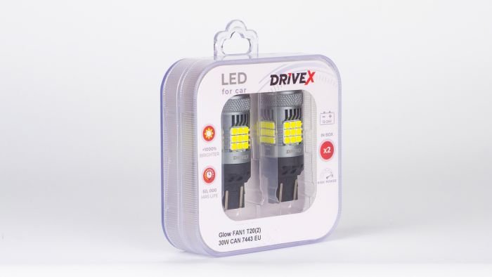 Світлодіоди в габаритні вогні. Підсвітку номера та салона DriveX Glow FAN1 T20(2) 9-48V 30W CAN 3000Lm 7443/W21/5W base-16mm EU к-т.