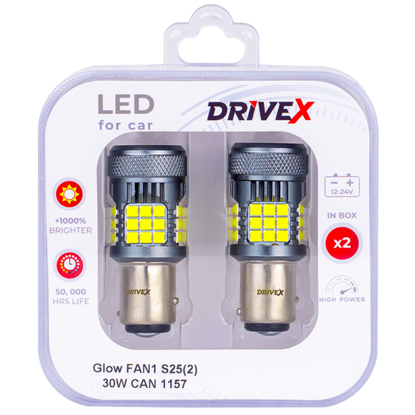 Світлодіоди в габаритні вогні. Підсвітку номера та салона DriveX Glow FAN1 S25(2) 9-48V 30W CAN 3000Lm 1157/P21/5W BAY15D d-15mm к-т.