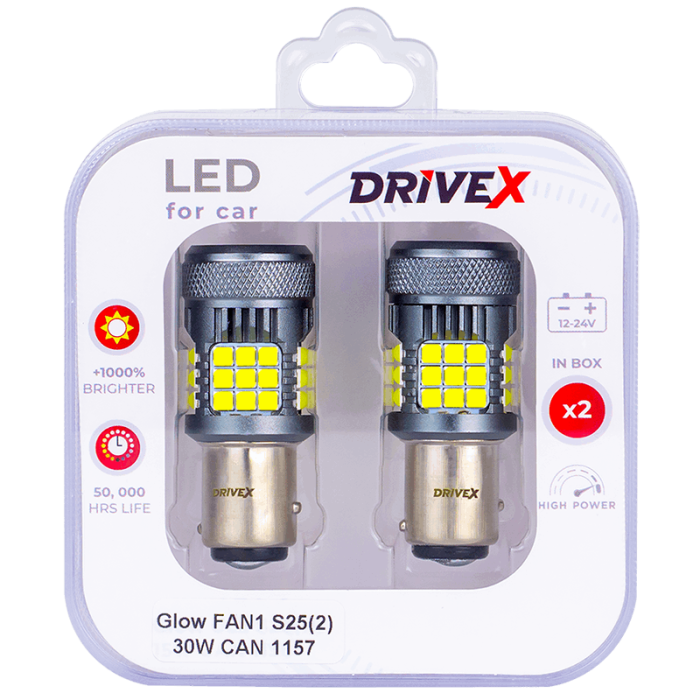 Світлодіоди в габаритні вогні. Підсвітку номера та салона DriveX Glow FAN1 S25(2) 9-48V 30W CAN 3000Lm 1157/P21/5W BAY15D d-15mm к-т.