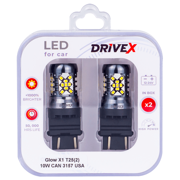 Світлодіоди в габаритні вогні. Підсвітку номера та салона DriveX Glow X1 T25(2) 12-24V 10W CAN 1200Lm 3157/P27/7W base-16mm USA к-т.