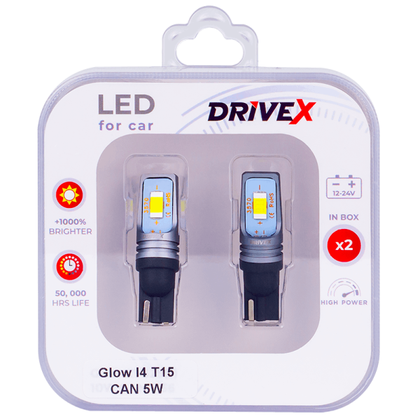 Світлодіоди в габаритні вогні. Підсвітку номера та салона DriveX Glow I4 T15 12-24V CAN 5W 1000Lm W16W base-10mm к-т.