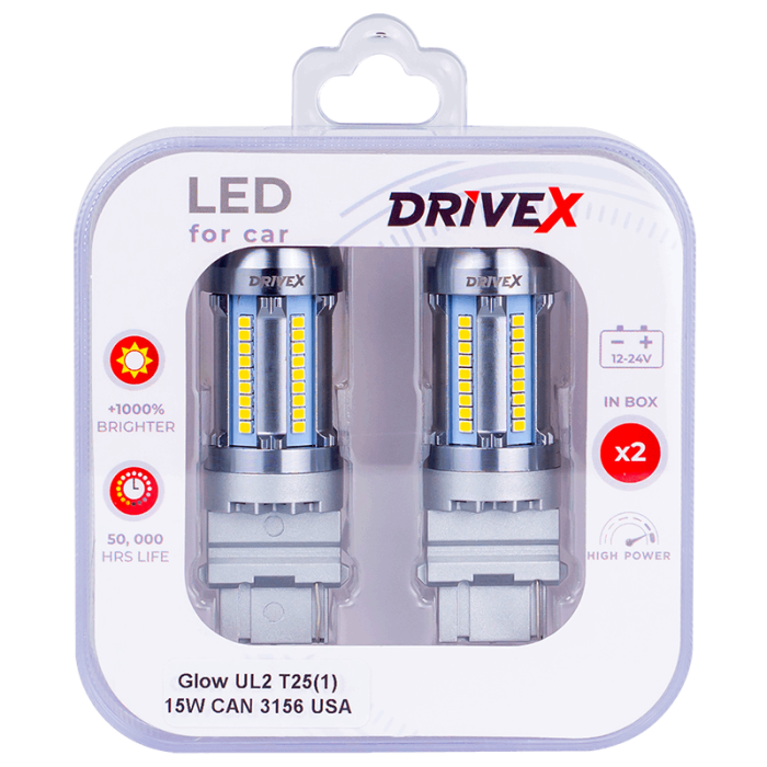 Світлодіоди в габаритні вогні. Підсвітку номера та салона DriveX Glow UL2 T25(1) 12V 15W CAN 2600Lm 3156/P27W base-16mm USA к-т.
