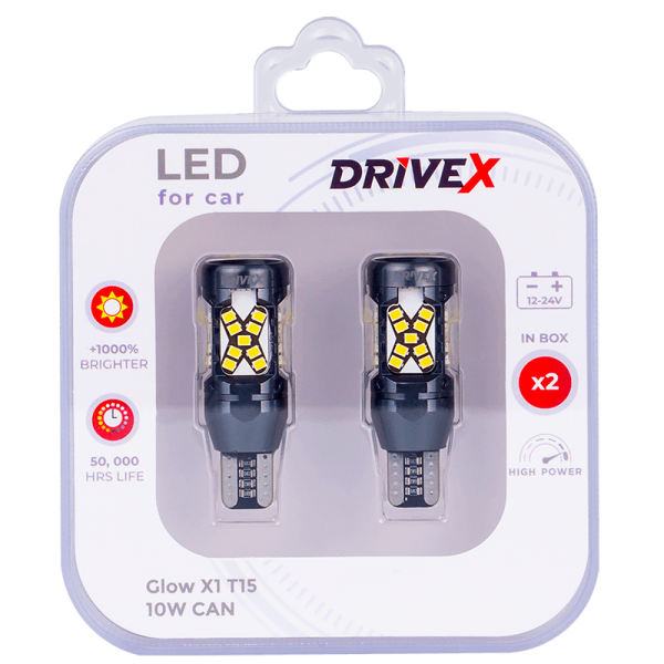 Світлодіоди в габаритні вогні. Підсвітку номера та салона DriveX Glow X1 T15 12-24V 10W CAN 1000Lm W16W d-10mm к-т.