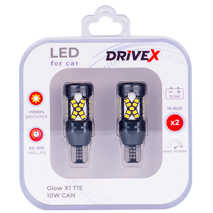 Світлодіоди в габаритні вогні. Підсвітку номера та салона DriveX Glow X1 T15 12-24V 10W CAN 1000Lm W16W d-10mm к-т.