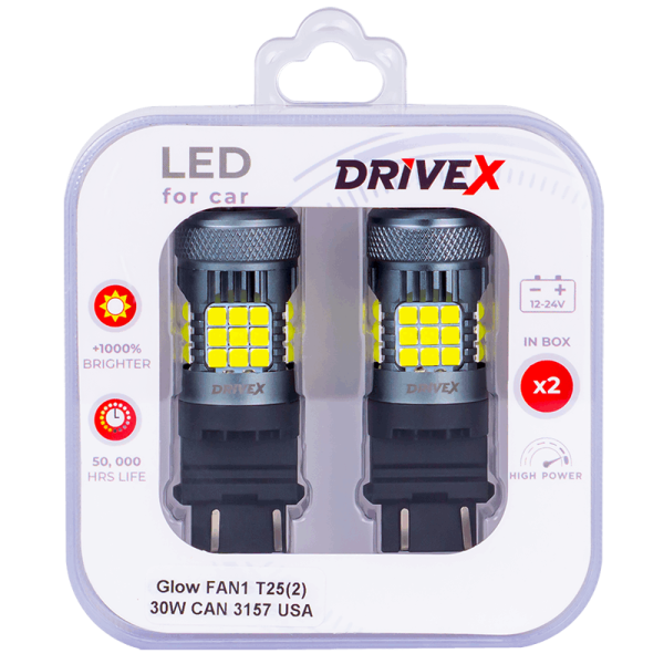 Світлодіоди в габаритні вогні. Підсвітку номера та салона DriveX Glow FAN1 T25(2) 9-48V 30W CAN 3000Lm 3157/P27/7W base-16mm USA к-т.