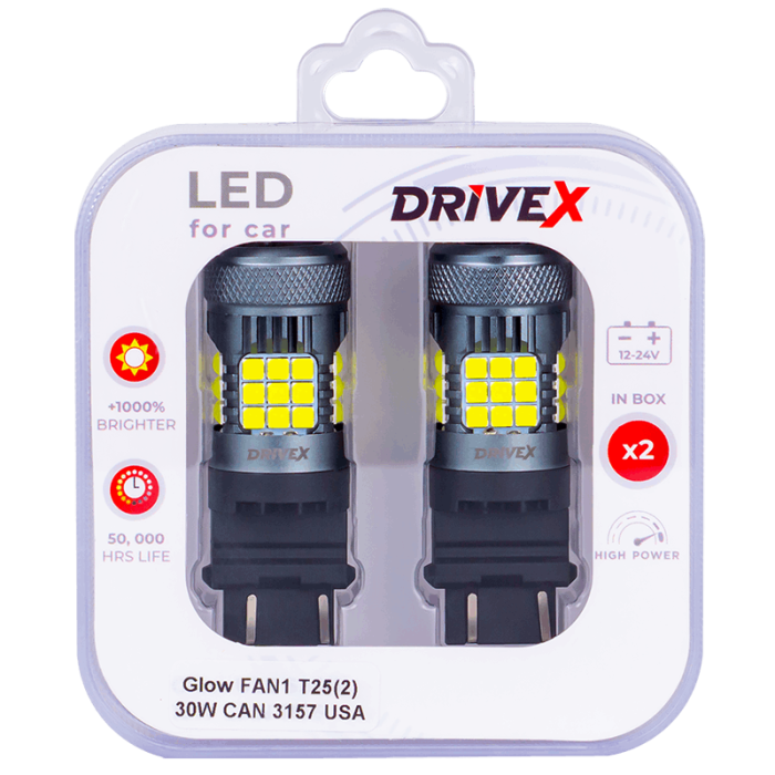 Світлодіоди в габаритні вогні. Підсвітку номера та салона DriveX Glow FAN1 T25(2) 9-48V 30W CAN 3000Lm 3157/P27/7W base-16mm USA к-т.