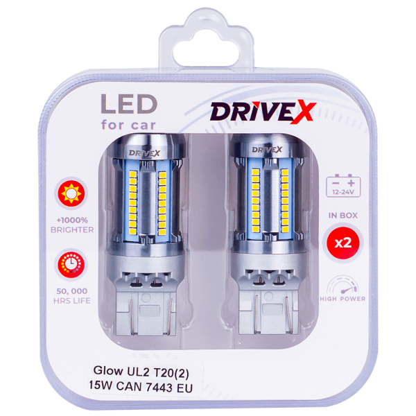 Світлодіоди в габаритні вогні. Підсвітку номера та салона DriveX Glow UL2 T20(2) 12V 15W CAN 2600Lm 7443/W21/5W base-16mm EU к-т.