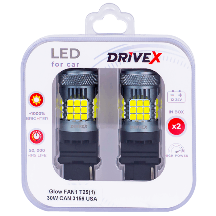 Світлодіоди в габаритні вогні. Підсвітку номера та салона DriveX Glow FAN1 T25(1) 9-48V 30W CAN 3000Lm 3156/P27W base-16mm USA к-т.