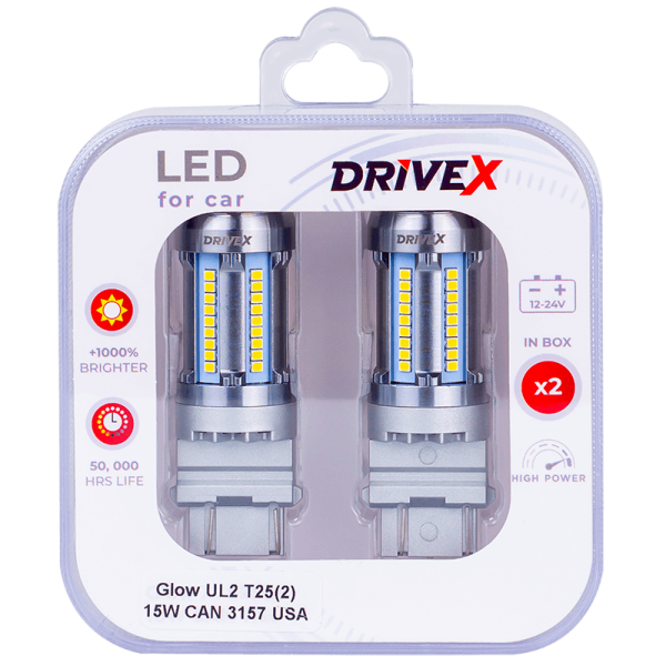 Світлодіоди в габаритні вогні. Підсвітку номера та салона DriveX Glow UL2 T25(2) 12V 15W CAN 2600Lm 3157/P27/7W base-16mm USA к-т.