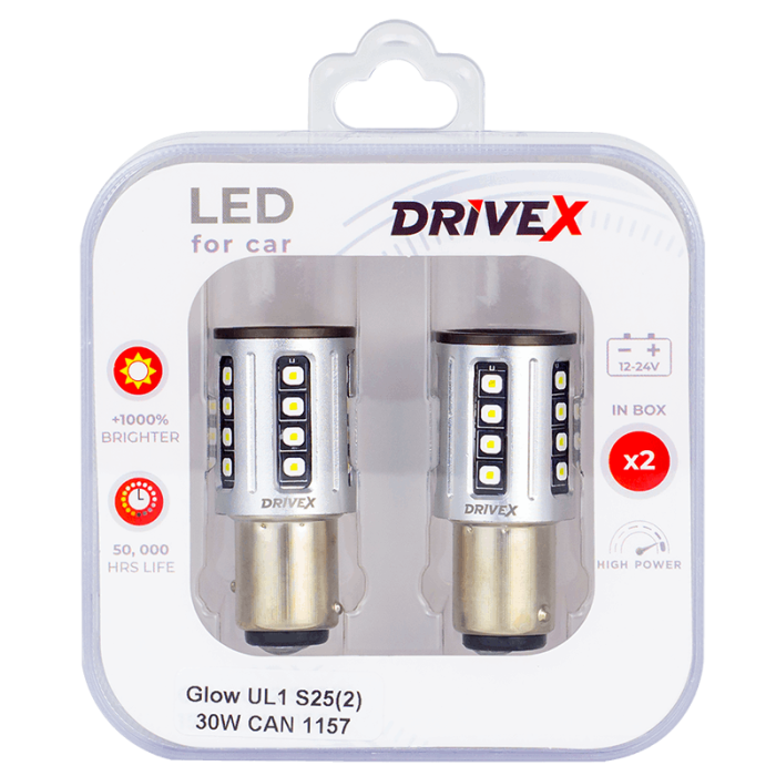 Світлодіоди в габаритні вогні. Підсвітку номера та салона DriveX Glow UL1 S25(2) 9-48V 30W CAN 2600Lm 1157/P21/5W BAY15D d-15mm к-т.