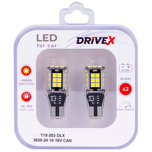 Світлодіоди в габаритні вогні. Підсвітку номера та салона DriveX T15-203 DLX 3030-24 10-16V CAN W16W d-10mm к-т.