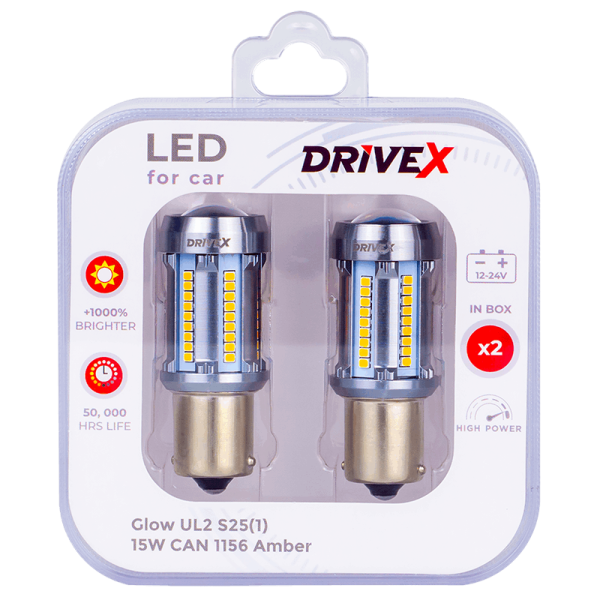 Світлодіоди в габаритні вогні. Підсвітку номера та салона DriveX Glow UL2 S25(1) Amber 12V 15W CAN 2600Lm 1156/P21W BA15S d-15mm к-т.