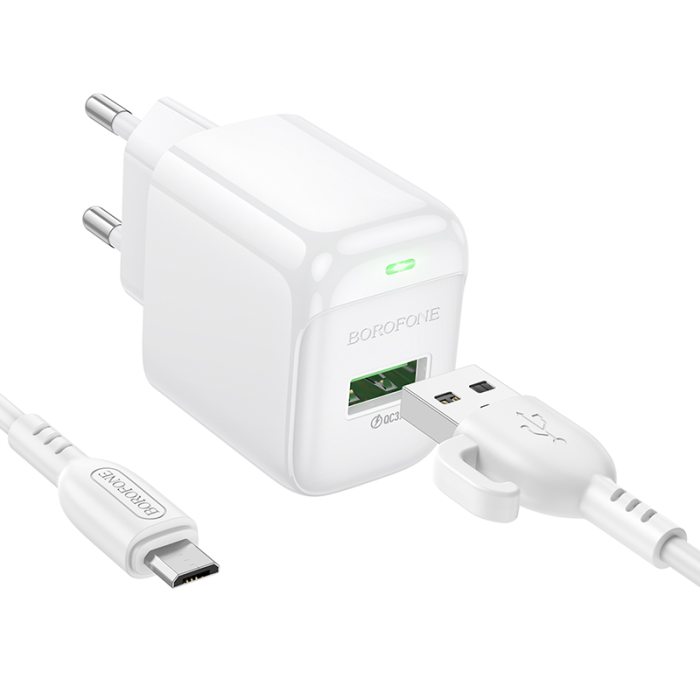 Мережевий зарядний пристрій з кабелем BOROFONE BAS42A Potential single-port QC3.0 charger set(Micro)(EU) White (6941991113796)