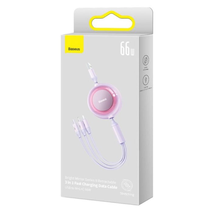 Кабель Baseus Bright Mirror 2 Series Retractable 3-in-1 Fast Charging  Data Cable USB to M+L+C 66W 1.1m Purple (CAMJ010105)