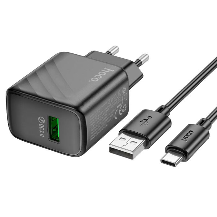 Мережевий зарядний пристрій з кабелем HOCO CS21A Rich single port QC3.0 charger set (Type-C)(EU) Black (6942007609906)