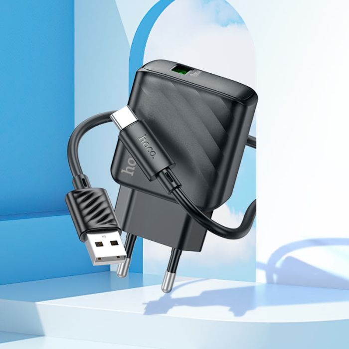 Мережевий зарядний пристрій з кабелем HOCO CS21A Rich single port QC3.0 charger set (Type-C)(EU) Black (6942007609906)