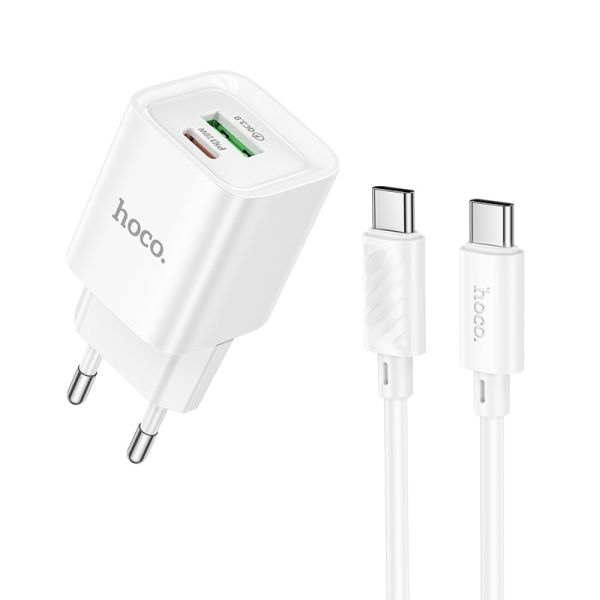 Мережевий зарядний пристрій з кабелем HOCO C147A Charm PD20W+QC3.0 charger set (C to C)(EU) White (6942007630290)