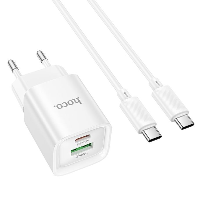 Мережевий зарядний пристрій з кабелем HOCO C147A Charm PD20W+QC3.0 charger set (C to C)(EU) White (6942007630290)