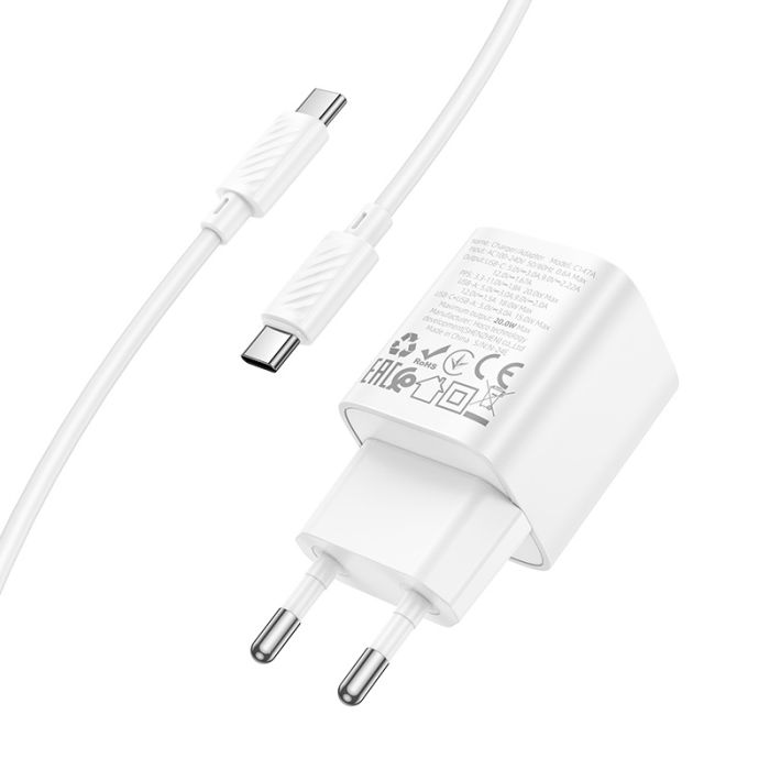 Мережевий зарядний пристрій з кабелем HOCO C147A Charm PD20W+QC3.0 charger set (C to C)(EU) White (6942007630290)