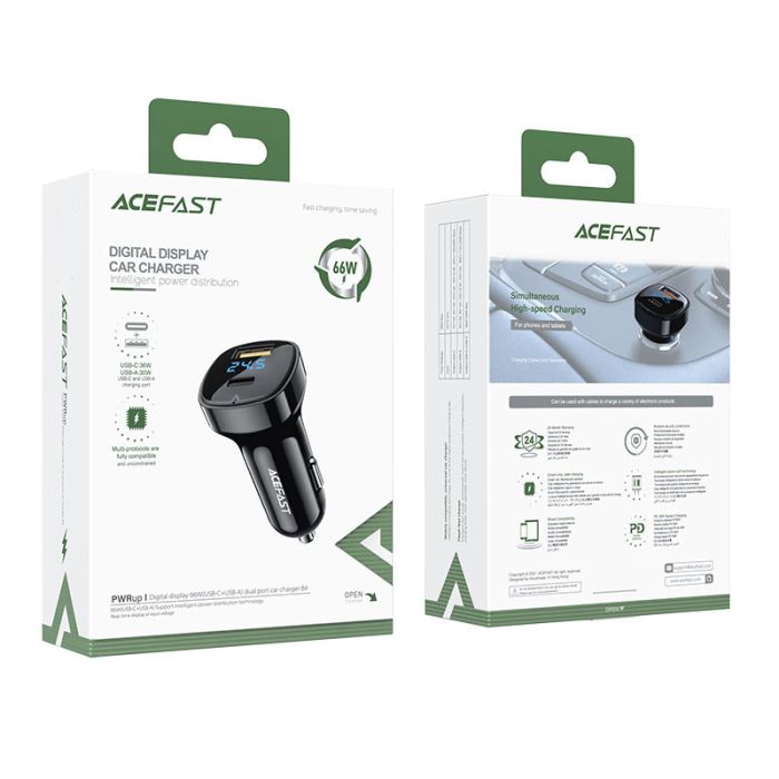 Автомобільний зарядний пристрій ACEFAST B4 digital display 66W(USB-C+USB-A) dual port car charger (6974316280392)