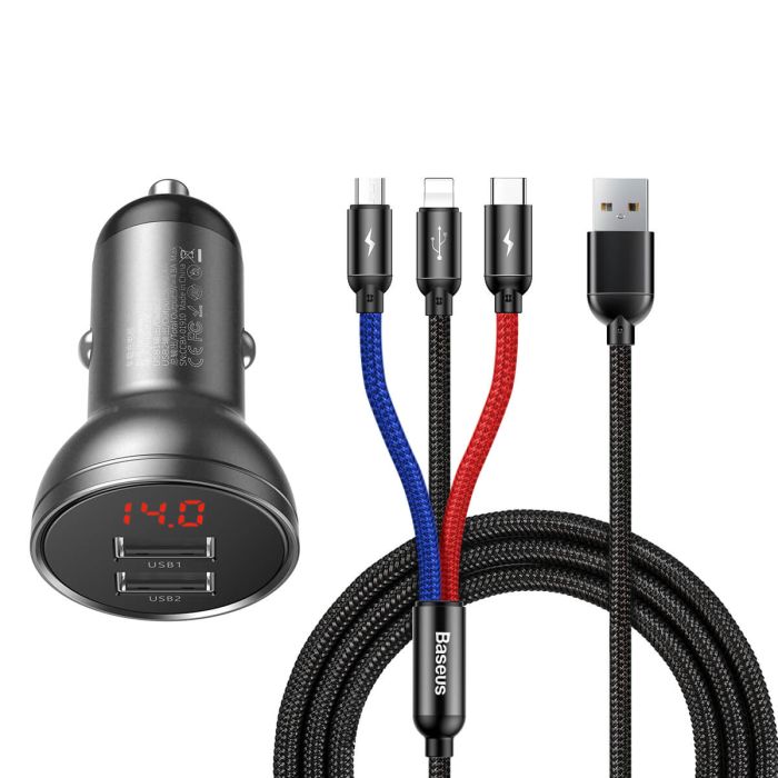 Автомобільний зарядний пристрій Baseus Digital Display Dual USB 4.8A Car Charger 24W+Three Primary Colors 3-in-1 Cable1.2M (TZCCBX-0G)