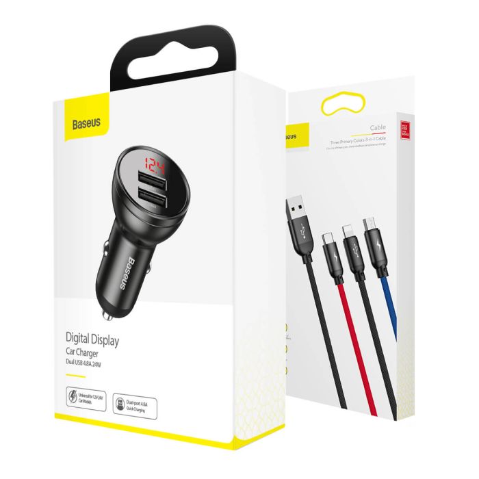 Автомобільний зарядний пристрій Baseus Digital Display Dual USB 4.8A Car Charger 24W+Three Primary Colors 3-in-1 Cable1.2M (TZCCBX-0G)
