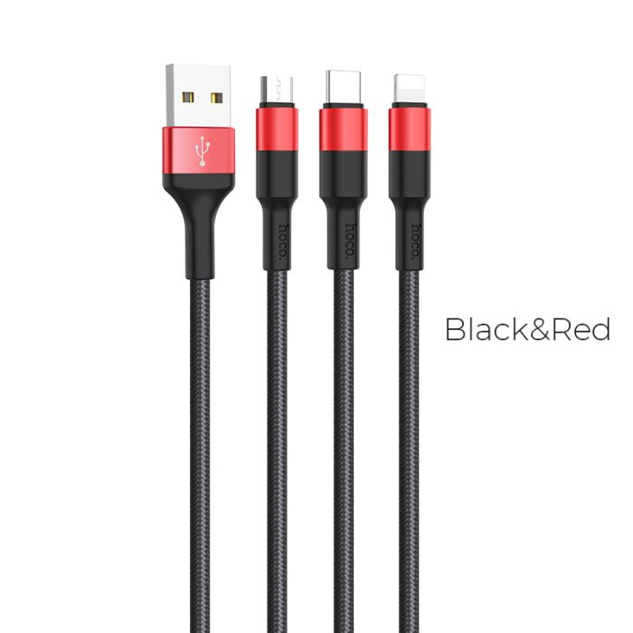 Кабель HOCO X26 Xpress one pull three charging cable iP+Micro+Type-C Black+Red (6957531080282)