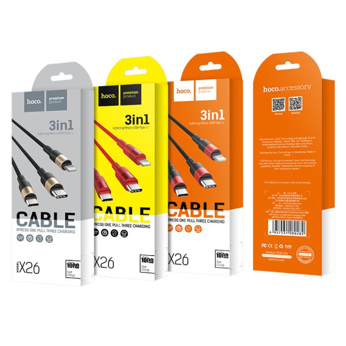 Кабель HOCO X26 Xpress one pull three charging cable iP+Micro+Type-C Black+Red (6957531080282)