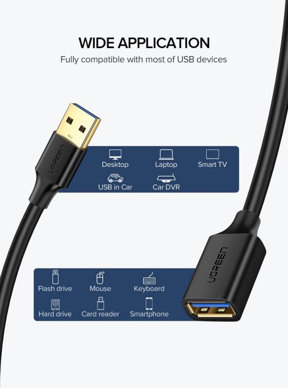 Подовжувач UGREEN US129 USB 3.0 Extension Male Cable 3m (Black) (UGR-30127) (UGR-30127)