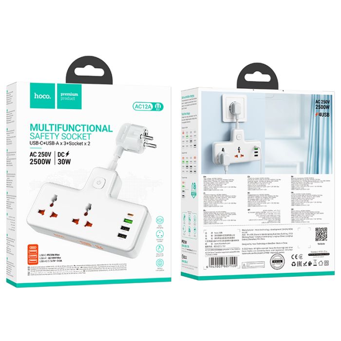 Мережевий подовжувач HOCO  AC12A Reise 2-position expansion socket(PD30W/1C3A) White (6942007607100)