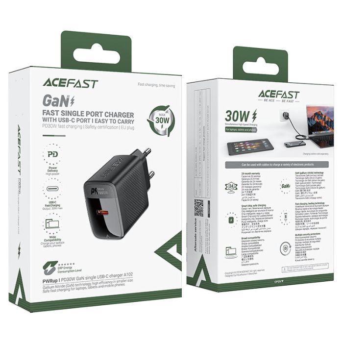 Мережевий зарядний пристрій ACEFAST A102 PD30W GaN single USB-C charger (EU) Black (6974316283287)