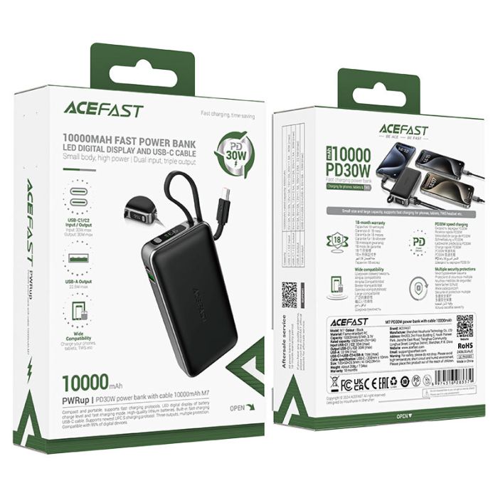 Зовнішній акумулятор ACEFAST M7 PD30W power bank with cable 10000mAh, Black (6974316283379)