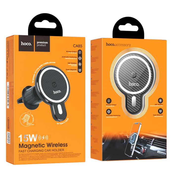 Автотримач для телефона з БЗП HOCO CA85 Ultra-fast magnetic wireless charging car holder Black (6931474745484)