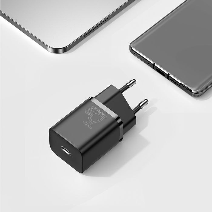 Мережевий зарядний пристрій з кабелем Baseus Super Si Quick Charger 1C 25W EU Sets Black（With Mini White Cable C to C 3A 1m Black） (TZCCSUP-L01)